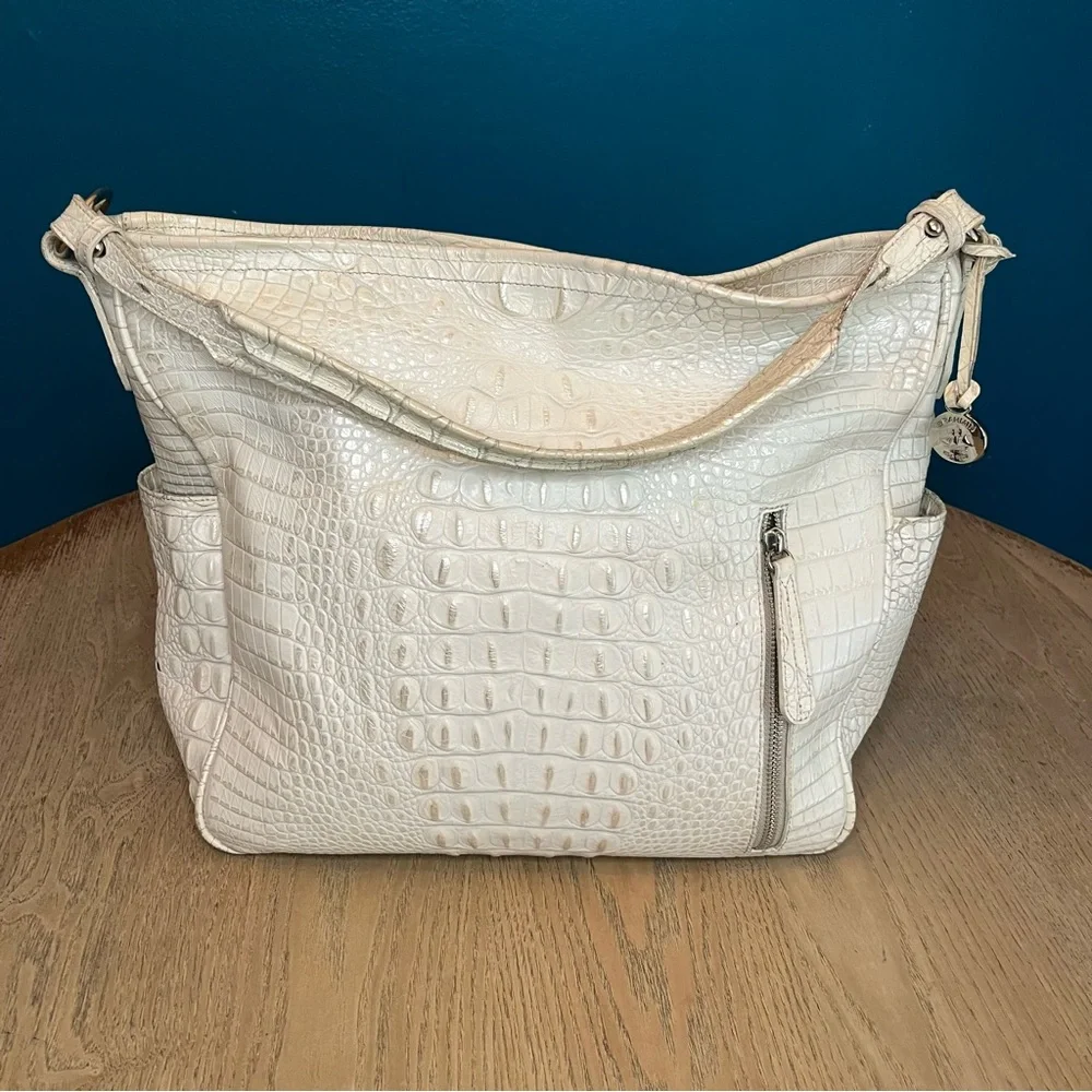 Brahmin Hobo Crocodile Embossed Slouchy Leather Bag Pearl White Large Purse